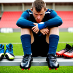 **

A frustrated football player sitting on a bench, surrounded by various football boots. He's holding his foot, looking pained. Focus on the ill-fitting boots and the discomfort on his face. The background is a blurred image of a football field. Emphasize the "Qual der Wahl" (agony of choice) concept through the sheer number of unsuitable options. Style: realistic, slightly desaturated colors.

**