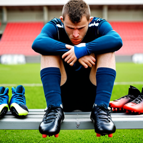 Home 15 **
A frustrated football player sitting on a bench, surrounded by various football boots. He's holding his foot, looking pained. Focus on the ill-fitting boots and the discomfort on his face. The background is a blurred image of a football field. Emphasize the "Qual der Wahl" (agony of choice) concept through the sheer number of unsuitable options. Style: realistic, slightly desaturated colors.
**