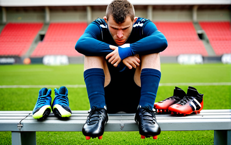 **
A frustrated football player sitting on a bench, surrounded by various football boots. He's holding his foot, looking pained. Focus on the ill-fitting boots and the discomfort on his face. The background is a blurred image of a football field. Emphasize the "Qual der Wahl" (agony of choice) concept through the sheer number of unsuitable options. Style: realistic, slightly desaturated colors.
**