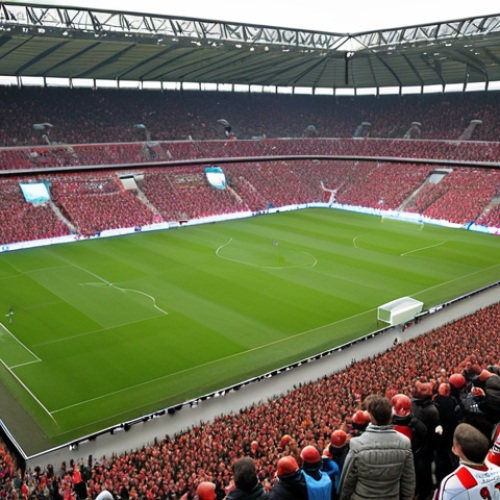 Home 14 **
A wide, aerial shot of a Bundesliga stadium during a match. Focus on the tactical formations of both teams. The sky is overcast, typical German weather. The image should convey the feeling of watching the game from above, showcasing team strategy. Capture the energy of the fans in the stands, a sea of jerseys in team colors. Include a drone in the sky subtly to highlight the overhead perspective.
**