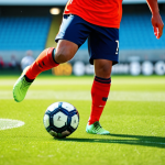 A professional adult male football player in a modern, vibrant team kit, fully clothed, running at high speed on a well-maintained, firm natural grass football pitch. Dynamic close-up shot focusing on his foot wearing a high-performance synthetic FG (Firm Ground) football boot, showcasing the innovative stud configuration gripping the ground. The background is a slightly blurred, sunlit stadium pitch. Perfect anatomy, correct proportions, natural pose, well-formed hands, proper finger count, natural body proportions. Professional photography, high quality, sharp focus, athletic action, safe for work, appropriate content, modest clothing, family-friendly.