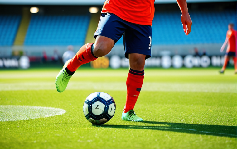 A professional adult male football player in a modern, vibrant team kit, fully clothed, running at high speed on a well-maintained, firm natural grass football pitch. Dynamic close-up shot focusing on his foot wearing a high-performance synthetic FG (Firm Ground) football boot, showcasing the innovative stud configuration gripping the ground. The background is a slightly blurred, sunlit stadium pitch. Perfect anatomy, correct proportions, natural pose, well-formed hands, proper finger count, natural body proportions. Professional photography, high quality, sharp focus, athletic action, safe for work, appropriate content, modest clothing, family-friendly.