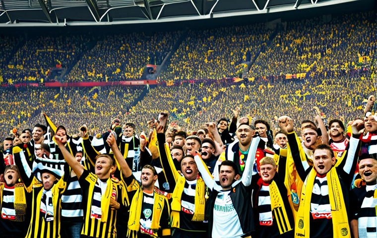 Fan Atmosphere**

"A vibrant and passionate crowd of Bundesliga fans cheering in a modern stadium, wearing team scarves and jerseys, fully clothed, appropriate attire, safe for work, perfect anatomy, dynamic composition, professional photography, high quality, German football culture."

**