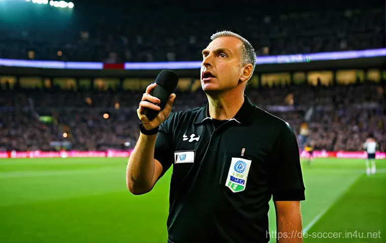 축구 경기 중 심판 판정 이해하기 - **Prompt:** On a pristine, green football pitch during a professional match, a male referee, dressed...