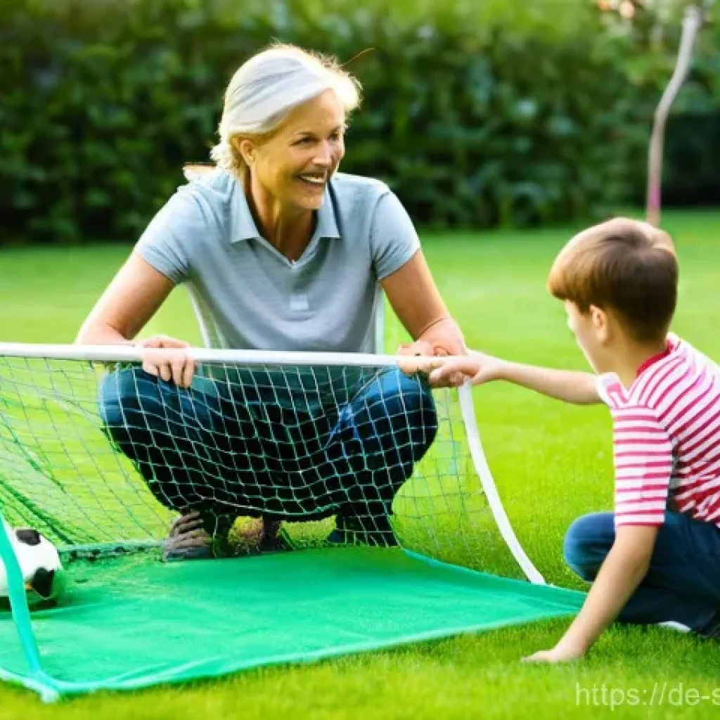 축구 골대 설치 가이드 - **"Joyful Family Soccer Goal Assembly"**
    An ultra-realistic, vibrant photograph capturing a Germ...