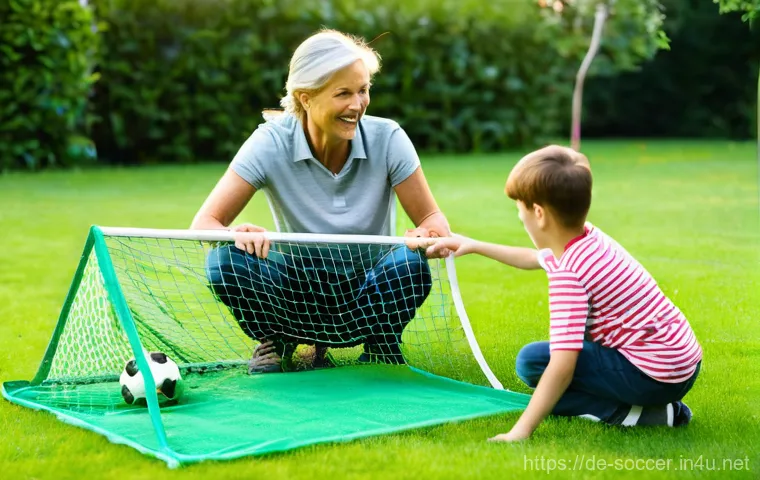 축구 골대 설치 가이드 - **"Joyful Family Soccer Goal Assembly"**
    An ultra-realistic, vibrant photograph capturing a Germ...