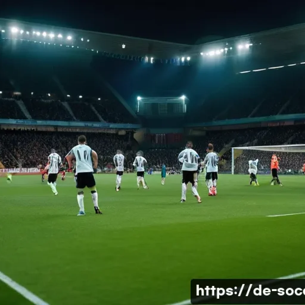 축구 4 4 2 포메이션 분석 - A dynamic, wide-angle shot of a modern football pitch under floodlights. In the foreground, a team i...
