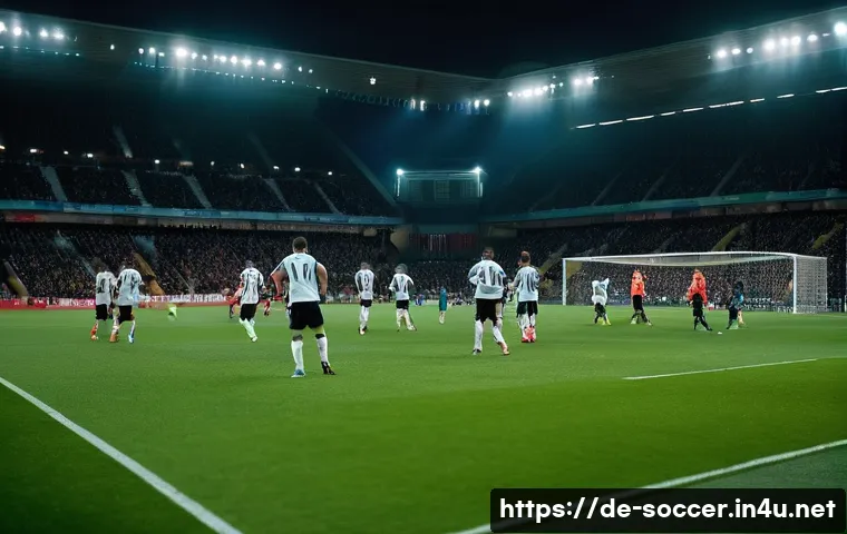 축구 4 4 2 포메이션 분석 - A dynamic, wide-angle shot of a modern football pitch under floodlights. In the foreground, a team i...