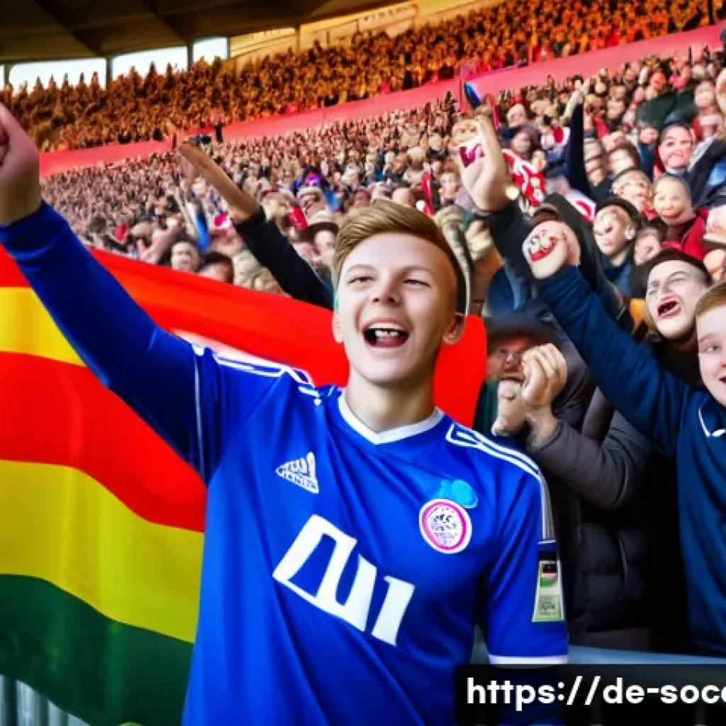 축구 마케팅 성공 사례 - A vibrant stadium scene during a Bundesliga match, showing diverse fans of all ages enthusiastically...