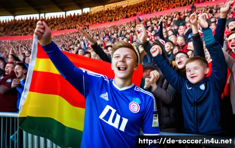 축구 마케팅 성공 사례 - A vibrant stadium scene during a Bundesliga match, showing diverse fans of all ages enthusiastically...