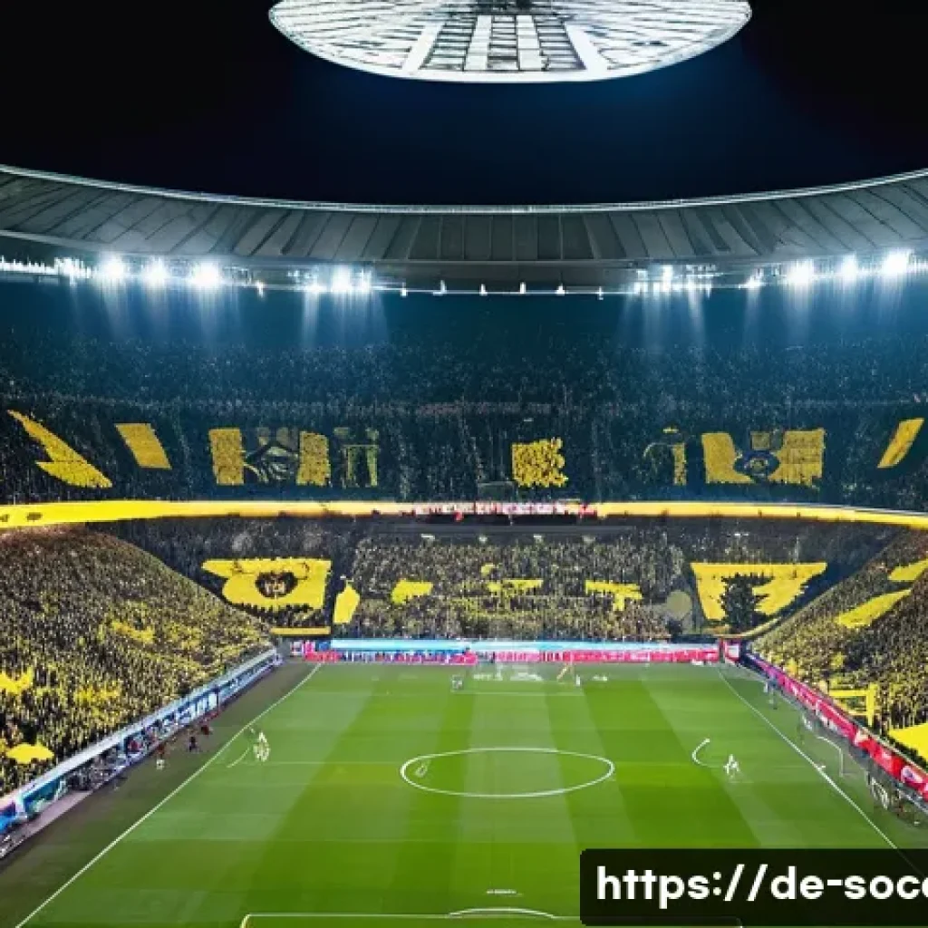 축구 경기 직관 경험담 - A vibrant scene inside Signal Iduna Park in Dortmund during a Bundesliga football match, showcasing ...
