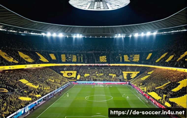 축구 경기 직관 경험담 - A vibrant scene inside Signal Iduna Park in Dortmund during a Bundesliga football match, showcasing ...