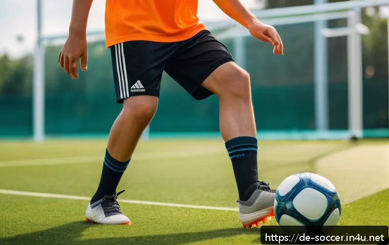 축구 경기 중 실수 줄이는 법 - A detailed scene of a young male soccer player practicing ball control on a lush green outdoor field...