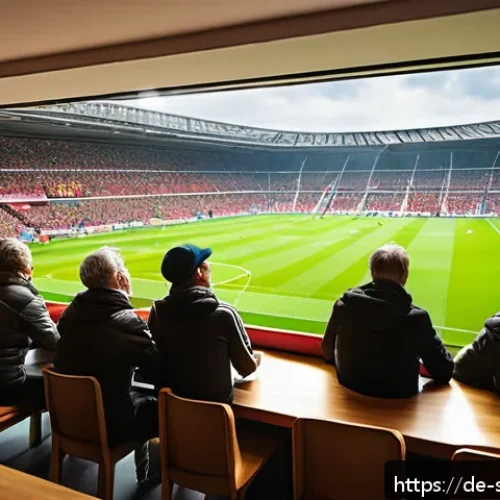 축구 커뮤니티 사이트 소개 - A vibrant scene inside a traditional German football forum room filled with diverse fans spanning mu...