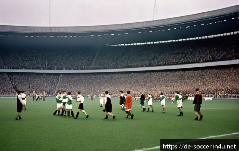 축구 전술 변화와 역사 - A dynamic 1950s football match scene showing two teams in vintage kits on a grass pitch under a clou...