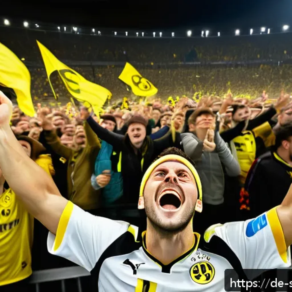 축구 팬 아트 제작법 - A dynamic, detailed digital painting of a passionate German football fan wearing a Borussia Dortmund...