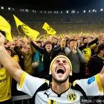 축구 팬 아트 제작법 - A dynamic, detailed digital painting of a passionate German football fan wearing a Borussia Dortmund...