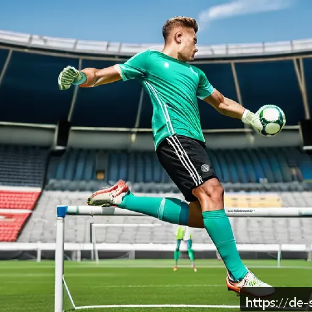 골키퍼 훈련 팁 - A dynamic scene of a young male goalkeeper in his mid-20s, wearing a full goalkeeper kit including g...