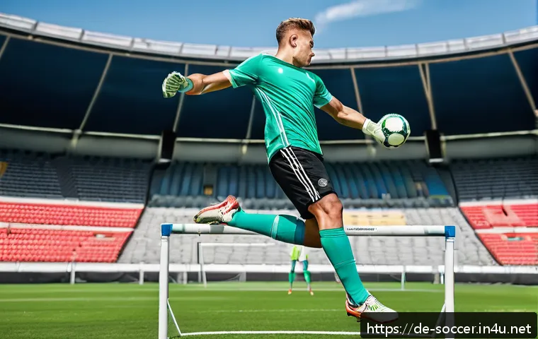 골키퍼 훈련 팁 - A dynamic scene of a young male goalkeeper in his mid-20s, wearing a full goalkeeper kit including g...