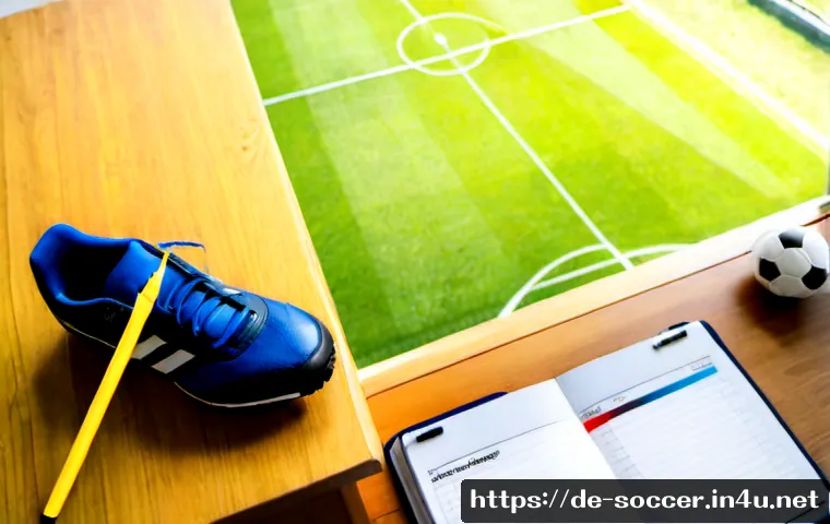축구 연습 스케줄 짜기 - Photorealistic overhead view of a football coach planning a weekly training schedule at a clean wood...