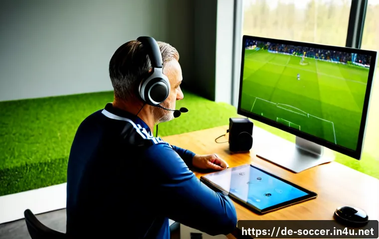 축구 경기 영상 분석 방법 - Photorealistic home office scene in Germany, middle-aged football coach reviewing a match on a large...