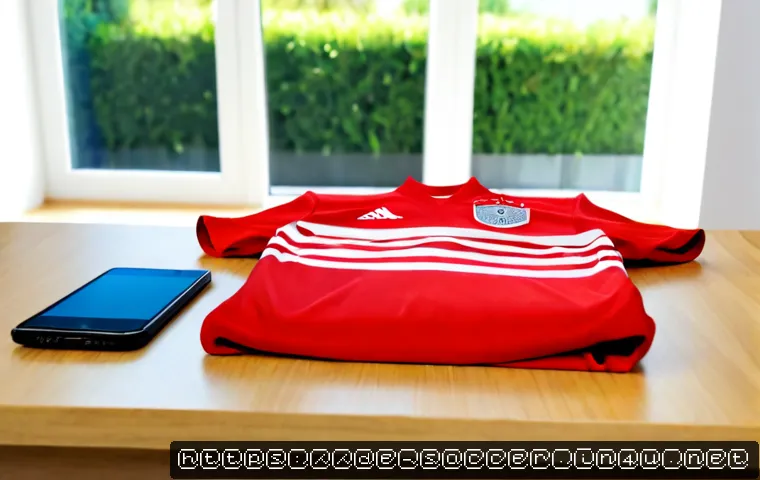 축구 중고 유니폼 판매 전략 - Photorealistic home selling setup for a pre-owned football jersey: a clean unbranded red-and-white s...