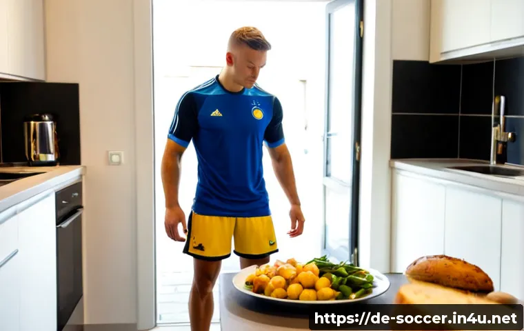 축구 경기력 향상을 위한 다이어트 - Photorealistic German amateur football player in a clean modern kitchen preparing a balanced perform...