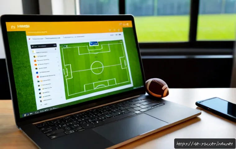 축구 관련 앱 개발 아이디어 - Photorealistic modern football app development concept, German freelance developer at a clean home o...